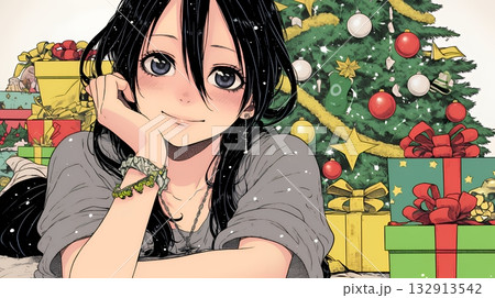 クリスマスプレゼントをたくさんもらって大喜びの若い女性