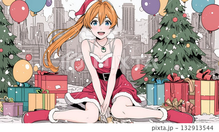 クリスマスプレゼントをたくさんもらって大喜びの若い女性
