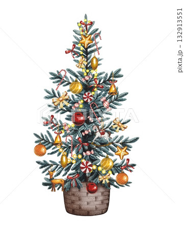 Hand drawn decorated Christmas tree in a basket. Watercolor illustration. 132913551