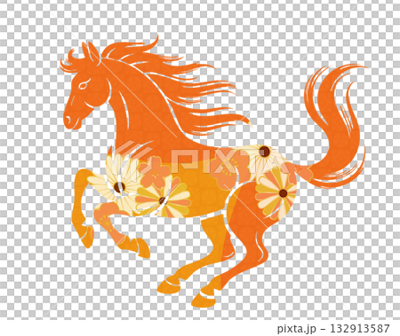 走る馬の和柄イラスト素材 (午年・干支・正月) オレンジ色と菊・梅の花 走る馬の和柄イラスト素材 (午年・干支・正月) オレンジ色と菊・梅の花 132913587