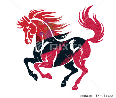 馬の和柄イラスト素材 (午年・干支) 赤と黒の力強いシルエットと青海波文様 132913588