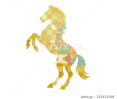 馬の和柄イラスト素材 (午年・干支・正月) 金色の市松模様と花柄 132913589