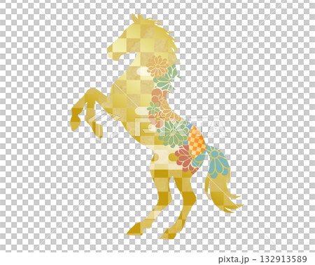 馬の和柄イラスト素材 (午年・干支・正月) 金色の市松模様と花柄 132913589