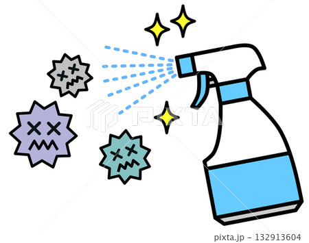 菌やウイルスのばい菌を消毒スプレーで除菌するイラスト 132913604