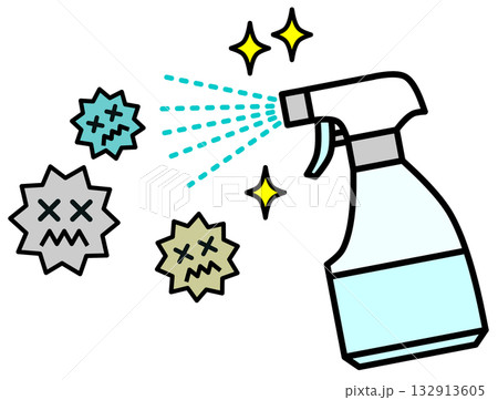 菌やウイルスのばい菌を消毒スプレーで除菌するイラスト 132913605