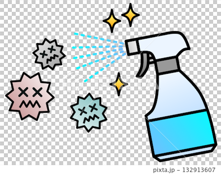 菌やウイルスのばい菌を消毒スプレーで除菌するイラスト 132913607