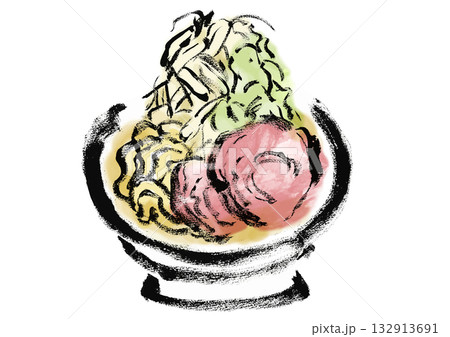 二郎系ラーメンの和風の筆書きイラスト 132913691