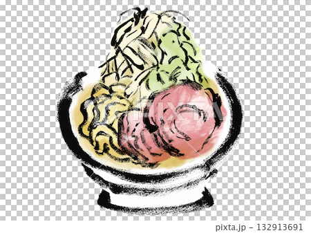 二郎系ラーメンの和風の筆書きイラスト 132913691