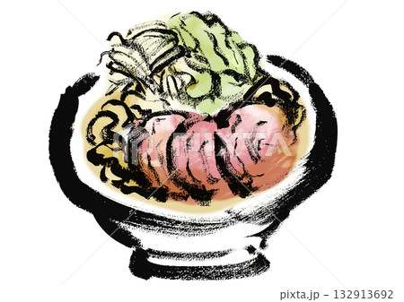 二郎系ラーメンの和風の筆書きイラスト 132913692