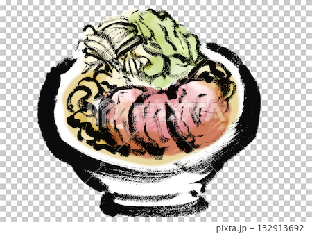 二郎系ラーメンの和風の筆書きイラスト 132913692
