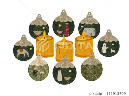 Candle ornaments with Nativity scenes, baby Jesus, wise men, shepherds, donkey, Bethlehem, star. Watercolor Christmas frame isolated on white perfect for cards, gift tags, packaging, Advent designs 132913799