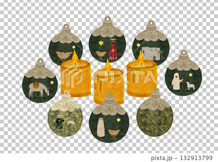 Candle ornaments with Nativity scenes, baby Jesus, wise men, shepherds, donkey, Bethlehem, star. Watercolor Christmas frame isolated on white perfect for cards, gift tags, packaging, Advent designs 132913799
