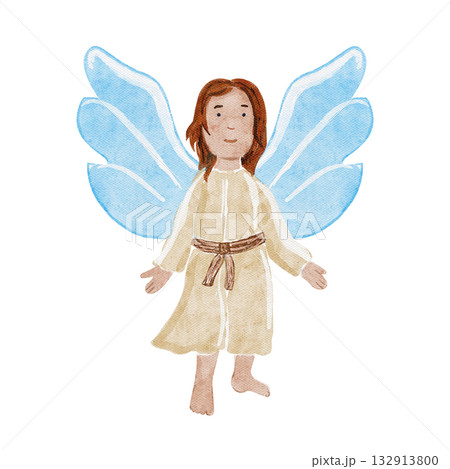 Angel with blue wings in a beige robe. Watercolor illustration isolated on white perfect for Christmas cards, posters, invitations, packaging, Christian projects. Hand painted holiday design element 132913800