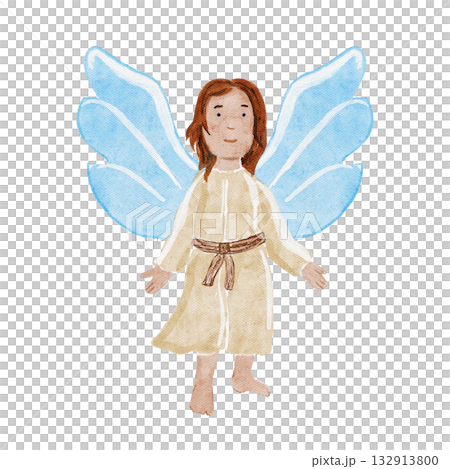 Angel with blue wings in a beige robe. Watercolor illustration isolated on white perfect for Christmas cards, posters, invitations, packaging, Christian projects. Hand painted holiday design element Angel with blue wings in a beige robe. Watercolor illustration isolated on white perfect for Christmas cards, posters, invitations, packaging, Christian projects. Hand painted holiday design element 132913800