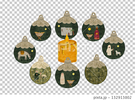 Candle ornaments with Nativity scenes, baby Jesus, wise men, shepherds, donkey, Bethlehem, star. Watercolor Christmas frame isolated on white perfect for cards, gift tags, packaging, Advent designs Candle ornaments with Nativity scenes, baby Jesus, wise men, shepherds, donkey, Bethlehem, star. Watercolor Christmas frame isolated on white perfect for cards, gift tags, packaging, Advent designs 132913802