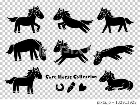 一系列姿態各異的可愛馬匹單色插畫。 132913925
