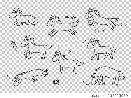 可愛的手繪馬匹插畫集（線描） 132913929
