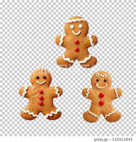 一組3個逼真的薑餅餅乾。可愛的聖誕素材。透明背景PNG格式。 一組3個逼真的薑餅餅乾。可愛的聖誕素材。透明背景PNG格式。 132913945