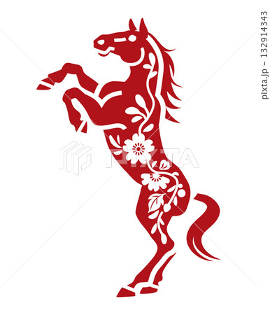 2026年　春節　午年　デザイン素材 - 立ち上がる馬　花柄　複合パス 132914343