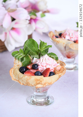 French Crepes with Filling and Fruit 132914672