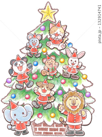 クリスマスの衣装を着たかわいい動物達のクリスマスツリー 132914741