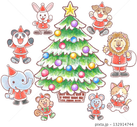 クリスマスの衣装を着たかわいい動物達とクリスマスツリー 132914744