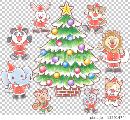 クリスマスの衣装を着たかわいい動物達とクリスマスツリー 132914744