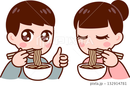 Cute boy and girl eating noodles 132914781