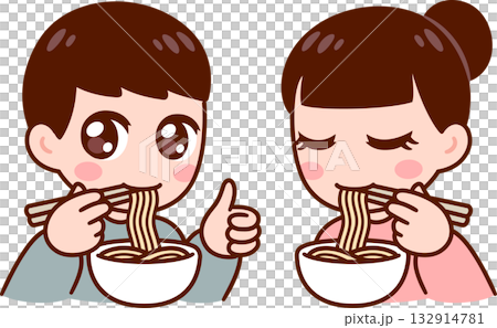 Cute boy and girl eating noodles 132914781