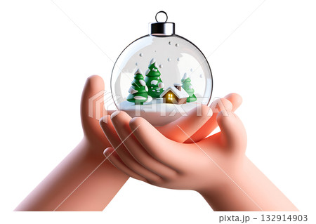 3d hands gently holding magical snow globe containing cozy winter village scene, perfect for holiday magic and wonder concepts 132914903