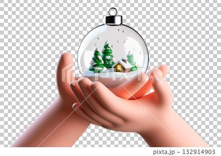 3d hands gently holding magical snow globe containing cozy winter village scene, perfect for holiday magic and wonder concepts 132914903