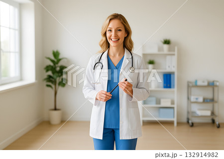 聴診器を持ち説明する欧米系女性看護師 聴診器を持ち説明する欧米系女性看護師 132914982