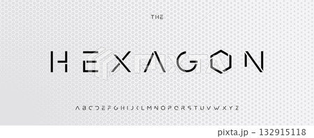 Hexagon minimalist futuristic font logo alphabet innovate science technology typography, geometric minimalistic luxury lettering for digital elegant headline, modern logotype fonts. Vector typeset 132915118