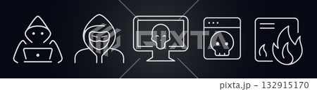 Hacker and cyber threat icons with hooded figures, skulls, virus screens, and burning files. Symbolize online crime, identity theft, malware, data loss. Minimal outline style. Vector illustration Hacker and cyber threat icons with hooded figures, skulls, virus screens, and burning files. Symbolize online crime, identity theft, malware, data loss. Minimal outline style. Vector illustration 132915170