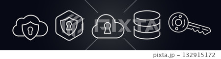 Cloud security icons with shields, locks, database, and key symbols. Represent data protection, encryption, server access, online privacy. Minimal line outline style. Vector illustration. 132915172