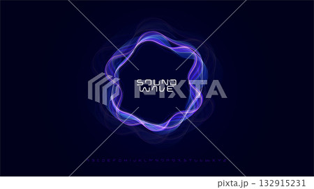 Sound wave music waveform audio bass beat circular wavy rings, radial glow equalizer round pulse, glowing soundwave with modern font logo alphabet for radio dj, edm, podcast. Vector illustration 132915231