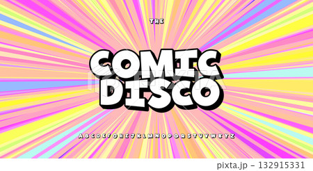 Comic Disco Typeface, Bubble Party Letters. Cartoon Groove Font, Funky Pop Art Alphabet. Playful Retro Fun Logo Headline Title Typographic Design on Rainbow Color Sunburst Background. Vector Typeset Comic Disco Typeface, Bubble Party Letters. Cartoon Groove Font, Funky Pop Art Alphabet. Playful Retro Fun Logo Headline Title Typographic Design on Rainbow Color Sunburst Background. Vector Typeset 132915331