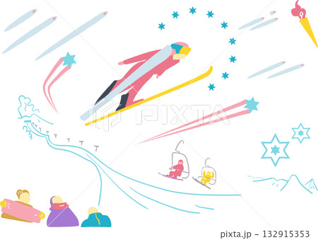 大ジャンプに挑むスキージャンプ競技 – 雪山で飛翔するアスリートと観客 大ジャンプに挑むスキージャンプ競技 – 雪山で飛翔するアスリートと観客 132915353