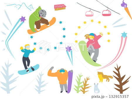 冬の自然の中スノーボードに挑戦し競い合う若者たち 冬の自然の中スノーボードに挑戦し競い合う若者たち 132915357
