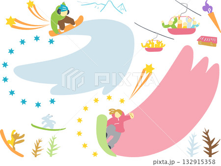 スノーボーダー 雪煙を上げ楽し気に滑走する若者 スノーボーダー 雪煙を上げ楽し気に滑走する若者 132915358