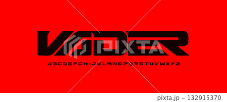 Futuristic cyberpunk space alphabet, bold wide stencil cutout font for modern tech sport race logo, dynamic scifi heavy headline, geometric typographic design. Vector typeset 132915370