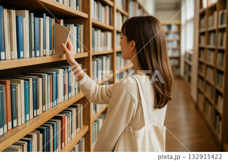 本棚の本を探す女性の後ろ姿 132915422