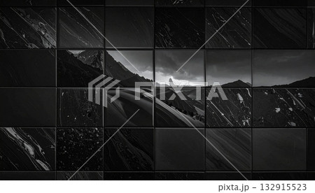 黒い四角いタイルが並んだ壁または床のテクスチャ。大理石風重厚感のあるかっこいいスタイリッシュ背景素材 132915523