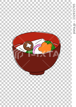 手繪的日式料理（Ozoni）插圖，紅色碗和食材，簡單的線條畫。 132915705
