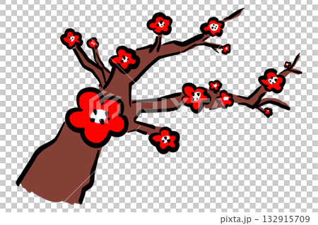手描き風の梅の花が咲いた枝のイラスト 正月・春の和風素材 132915709