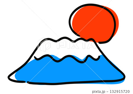 ゆるい手描き風 富士山と太陽のイラスト  132915720