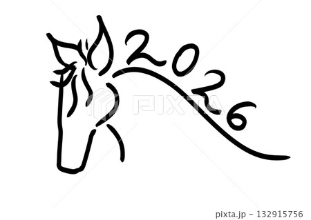 流れる筆線と2026で描いた馬の横顔イラスト（バリエーション2） 132915756