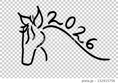 流れる筆線と2026で描いた馬の横顔イラスト（バリエーション2） 132915756