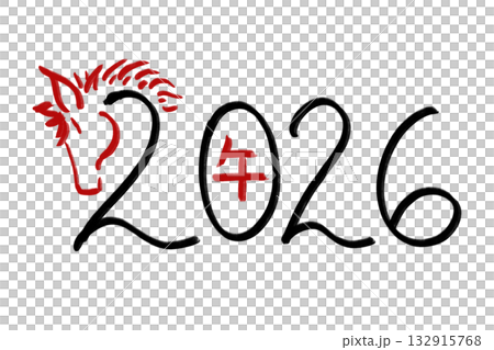 手繪插圖，包括數字 2026、漢字「馬」以及馬的側面像（變體 2） 132915768