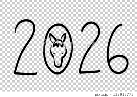 A cute hand-drawn illustration of the year 2026 and a horse's face (Variation 4) 132915773